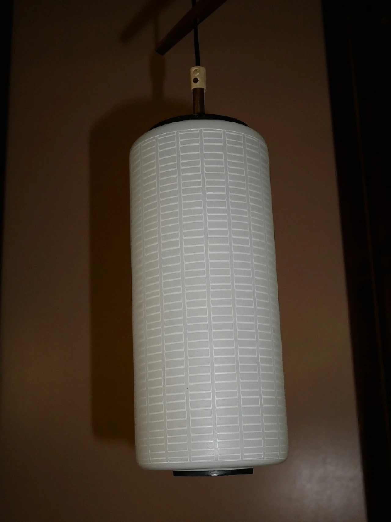 Chandelier with teak frame and cylindrical lattimo glass diffusers, 1960s 6