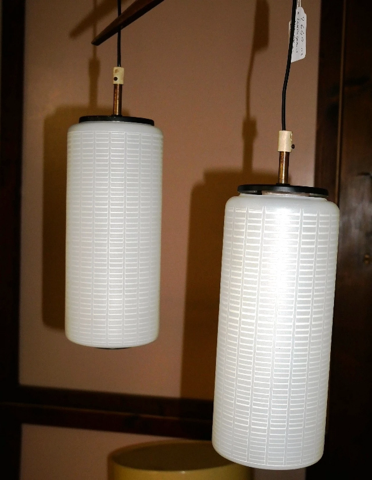 Chandelier with teak frame and cylindrical lattimo glass diffusers, 1960s 7