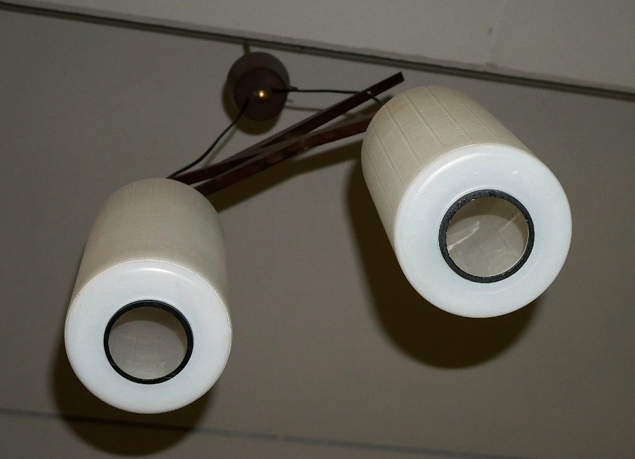 Lampadario con struttura in teak e diffusori cilindrici in vetro lattimo, anni '60 9