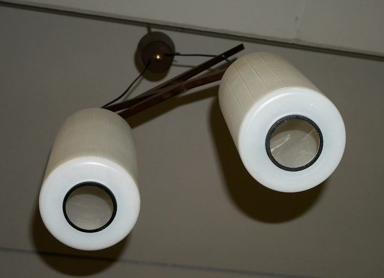 Chandelier with teak frame and cylindrical lattimo glass diffusers, 1960s 9