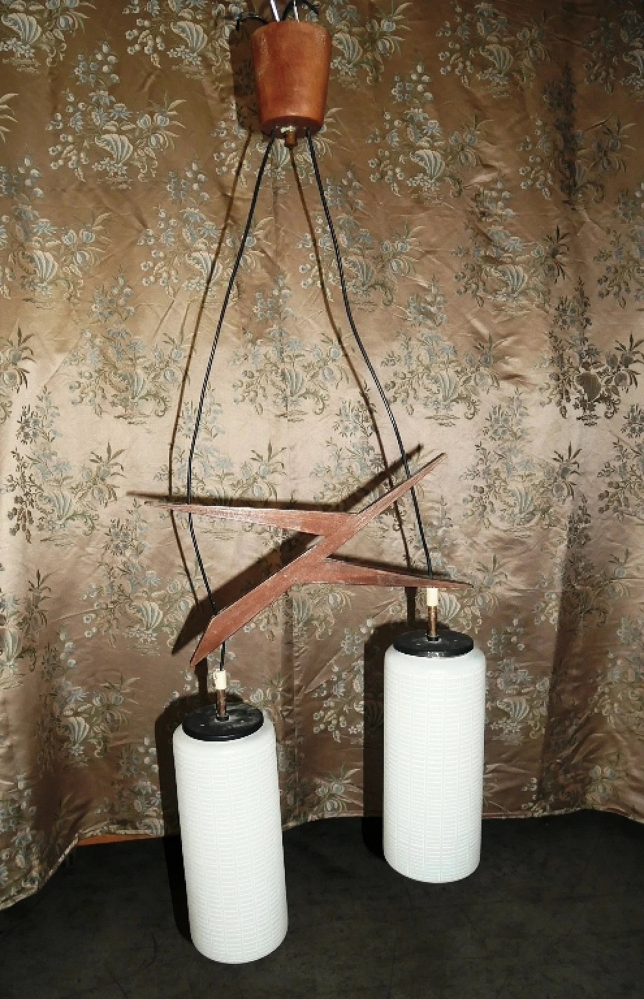 Chandelier with teak frame and cylindrical lattimo glass diffusers, 1960s 10