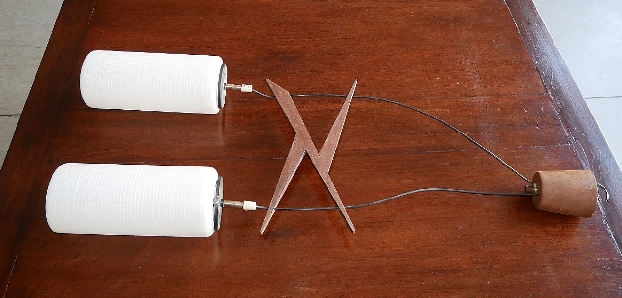 Chandelier with teak frame and cylindrical lattimo glass diffusers, 1960s 11