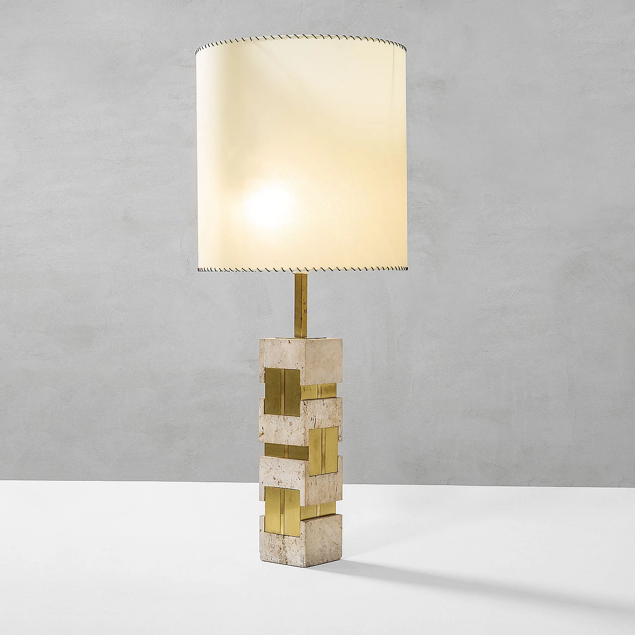 Table lamp with travertine and brass base by Gaetano Sciolari, 1970s 1