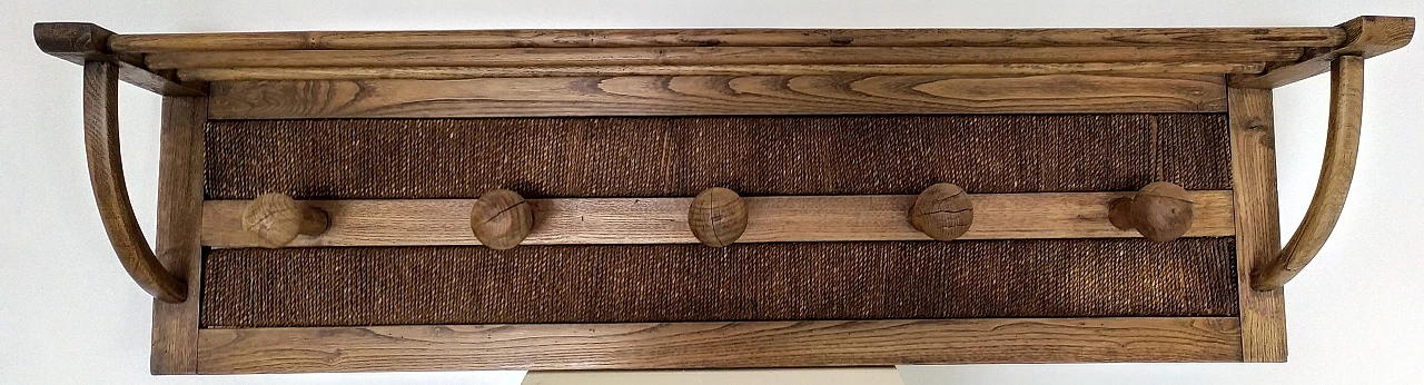Chestnut and rope wall coat rack, 1950s 1