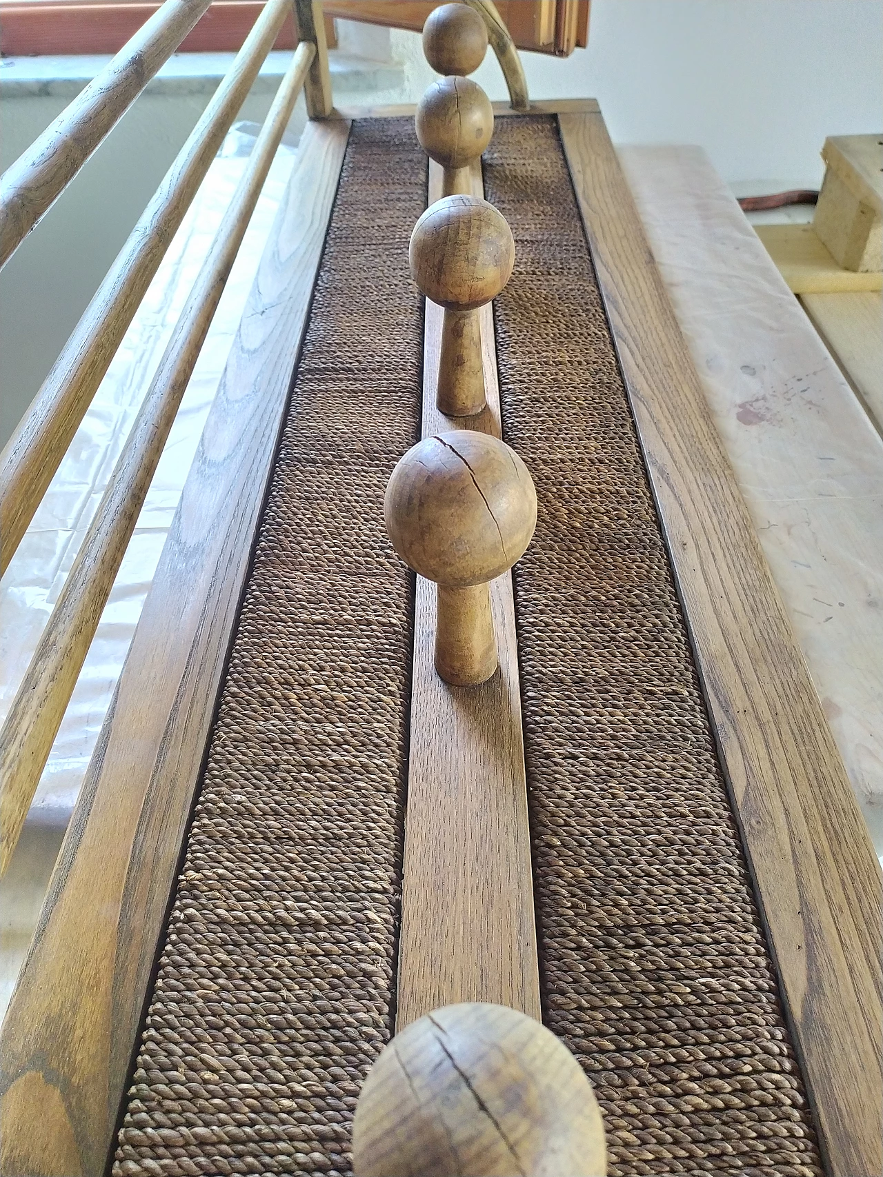 Chestnut and rope wall coat rack, 1950s 6