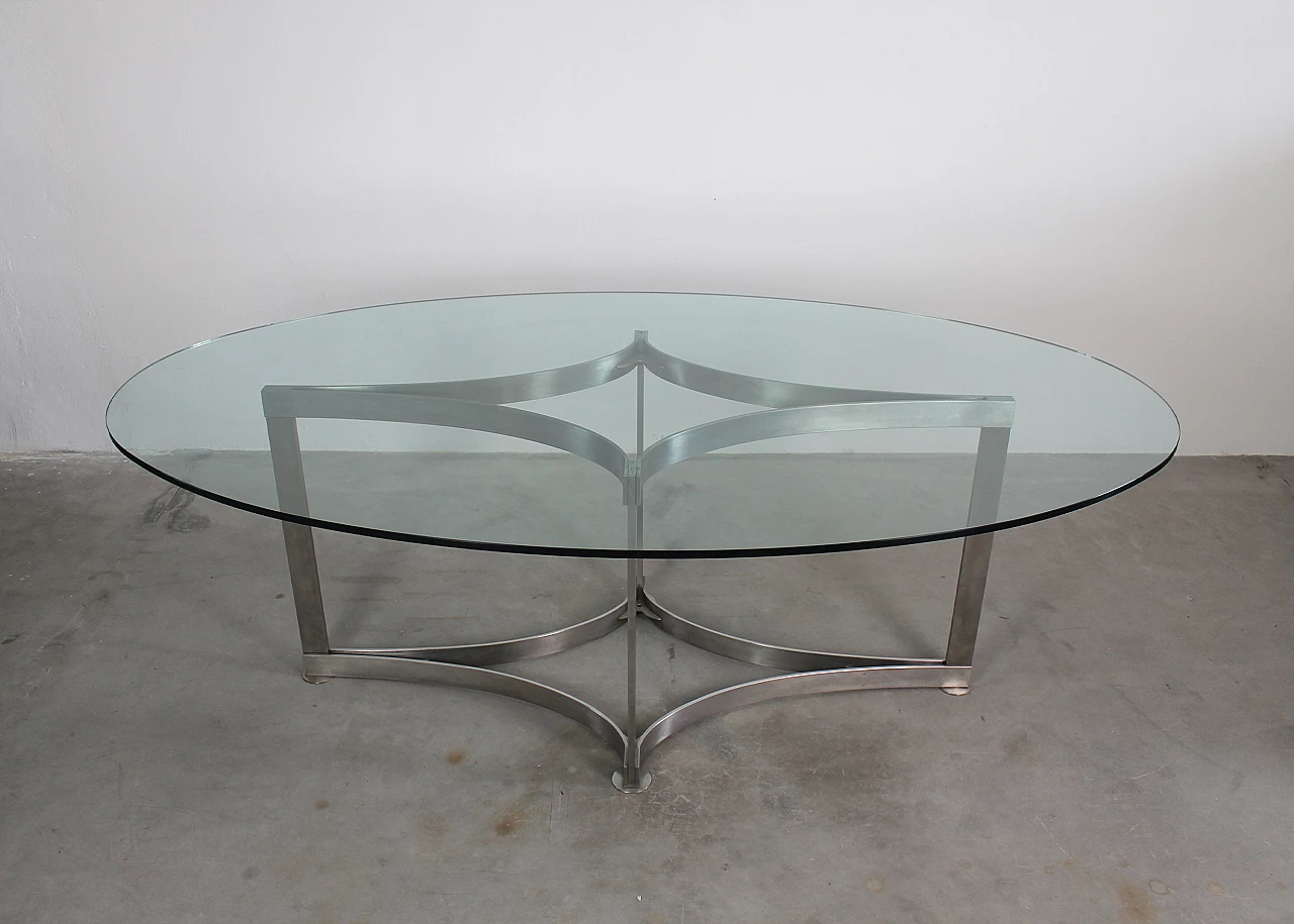 Tavolo da pranzo ovale in acciaio e vetro di Vittorio Introini per Saporiti, anni '70 1