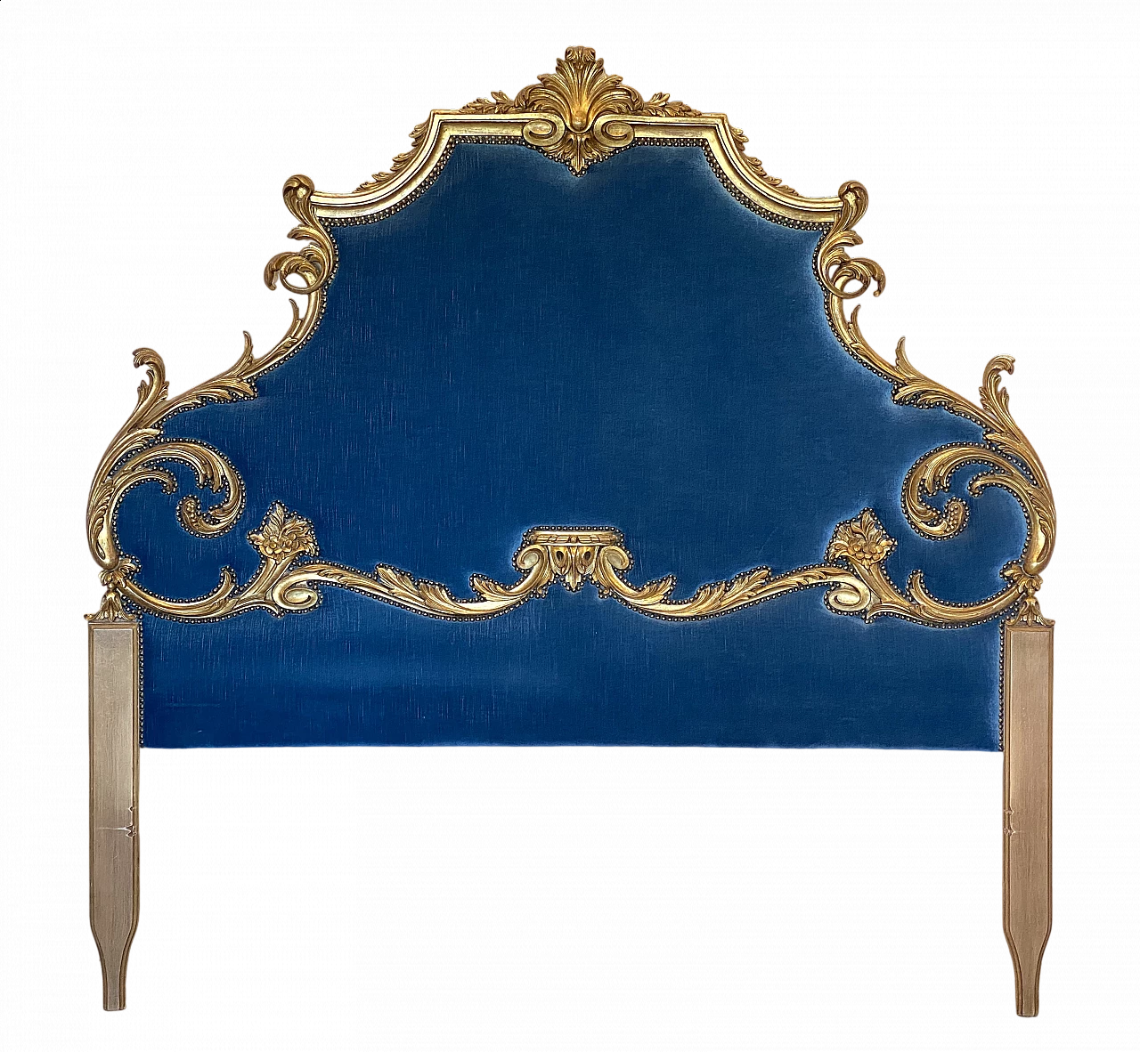 Louis XV style gilded wood and blue velvet headboard, 1960s 16