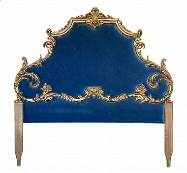 Louis XV style gilded wood and blue velvet headboard, 1960s