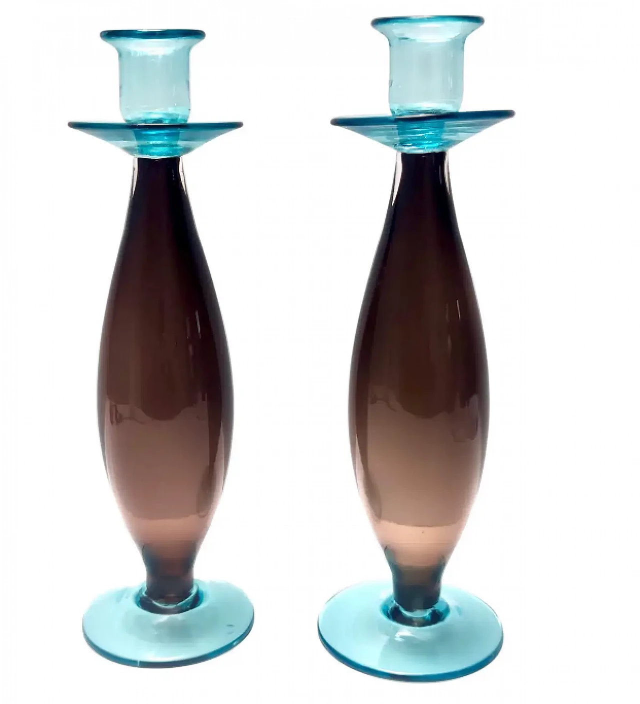 Pair of brown and aquamarine Murano glass candleholders, 1980s 1