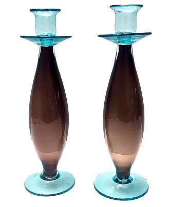 Pair of brown and aquamarine Murano glass candleholders, 1980s