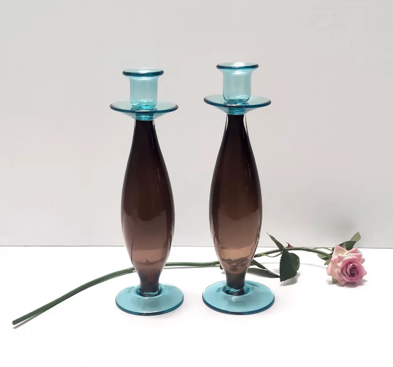 Pair of brown and aquamarine Murano glass candleholders, 1980s 3