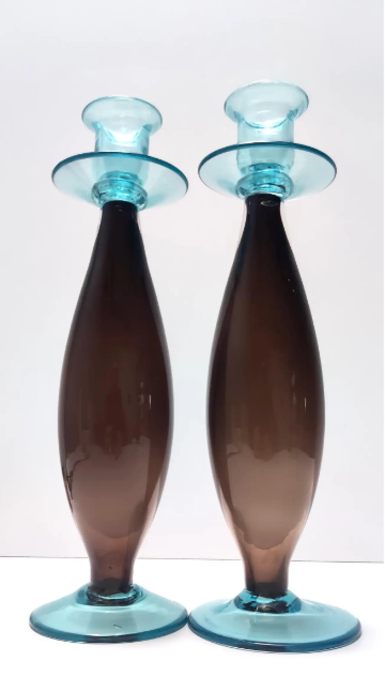 Pair of brown and aquamarine Murano glass candleholders, 1980s 4