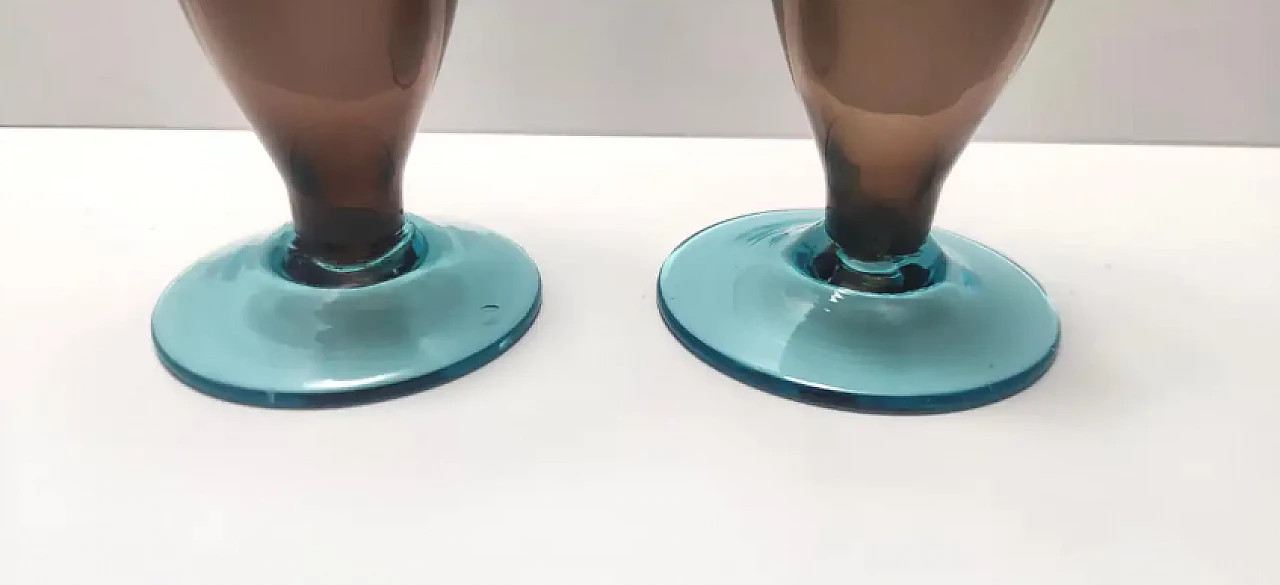 Pair of brown and aquamarine Murano glass candleholders, 1980s 9
