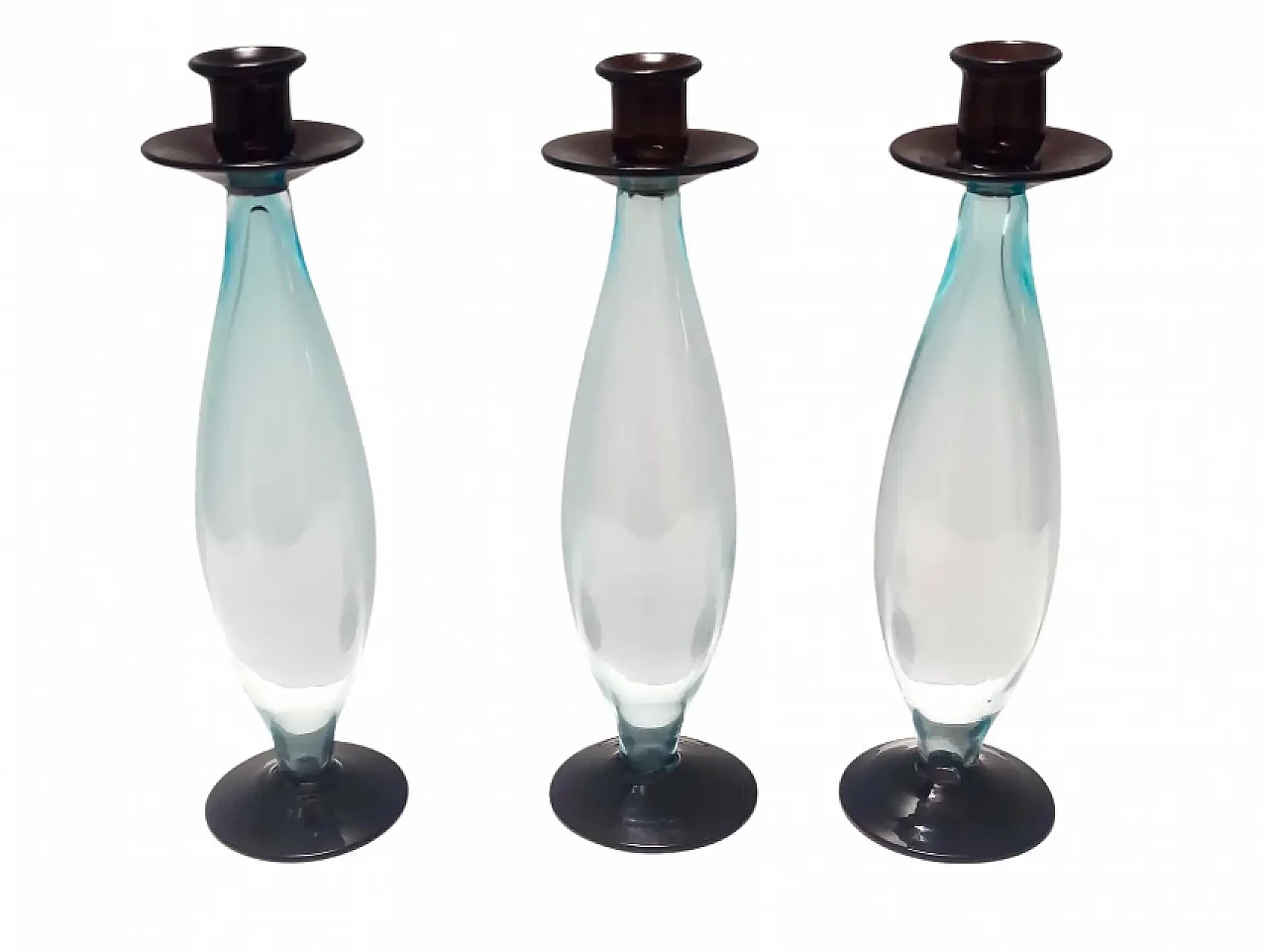 3 brown and aquamarine Murano glass candle holders, 1980s 1