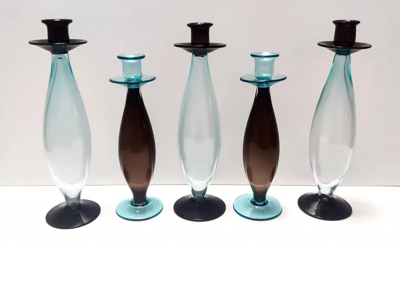 3 brown and aquamarine Murano glass candle holders, 1980s 2