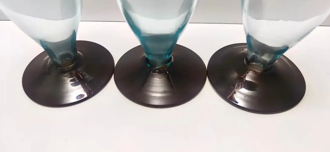 3 brown and aquamarine Murano glass candle holders, 1980s 6