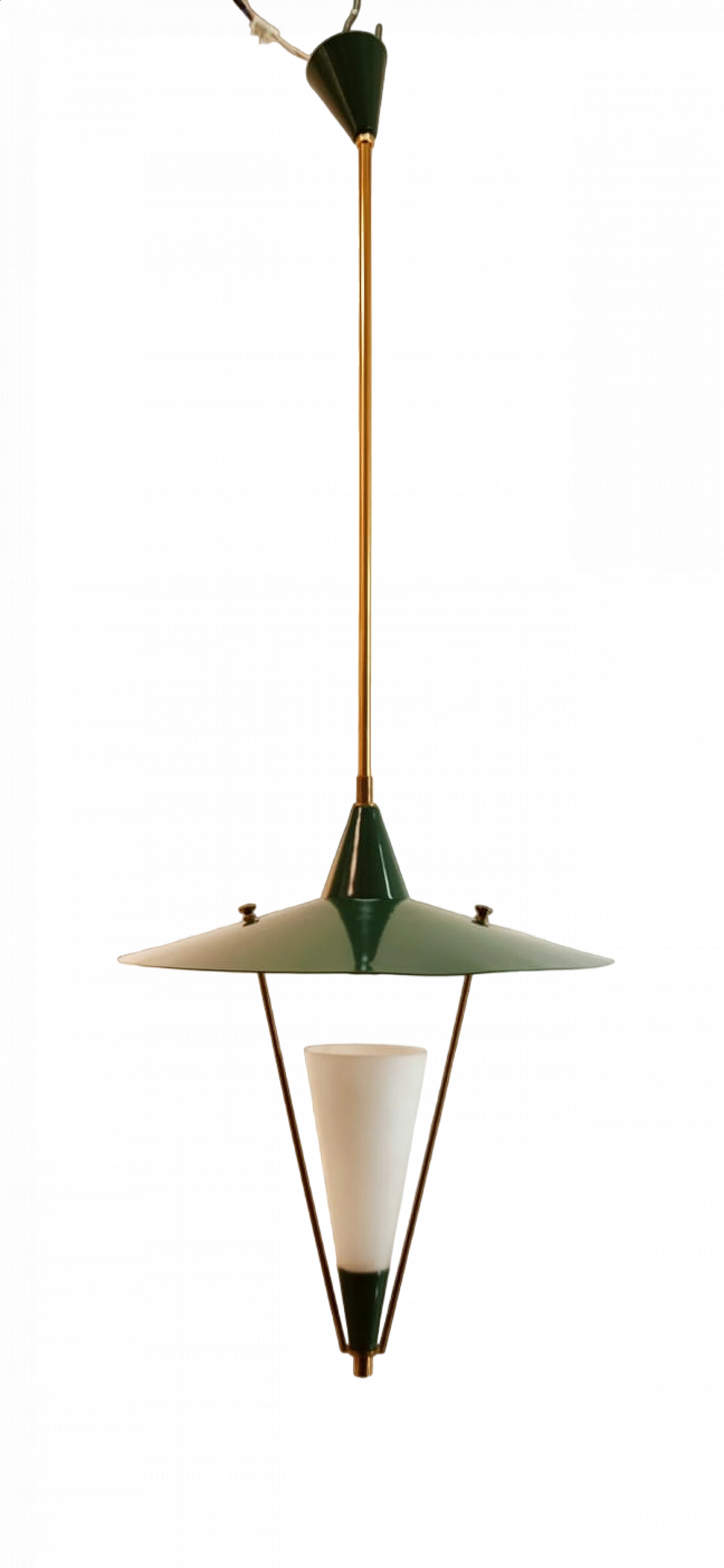 Lampadario sospeso con cupola in metallo e cono in vetro, metà '900 17