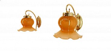 Pair of brass and amber-coloured Murano glass wall sconces, 1950s