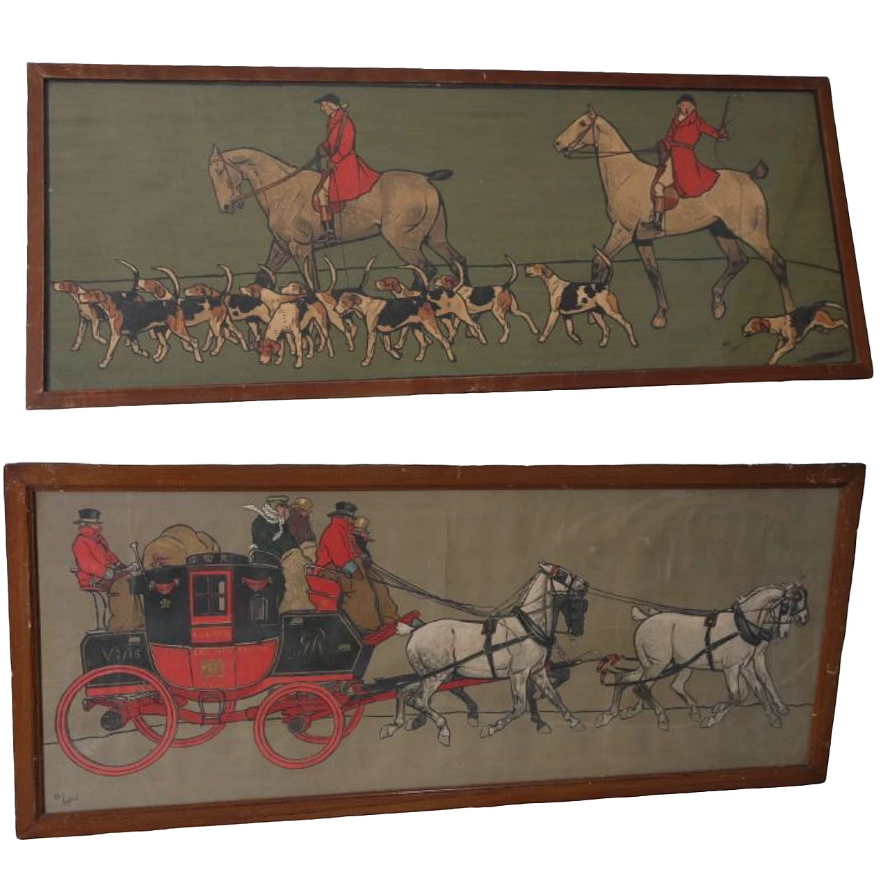 Coppia di stampe acquerellate con figure a cavallo e in carrozza, '800 11
