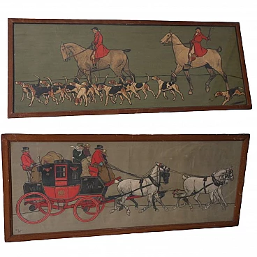 Pair of watercolor prints with figures on horseback and in carriage, 19th century
