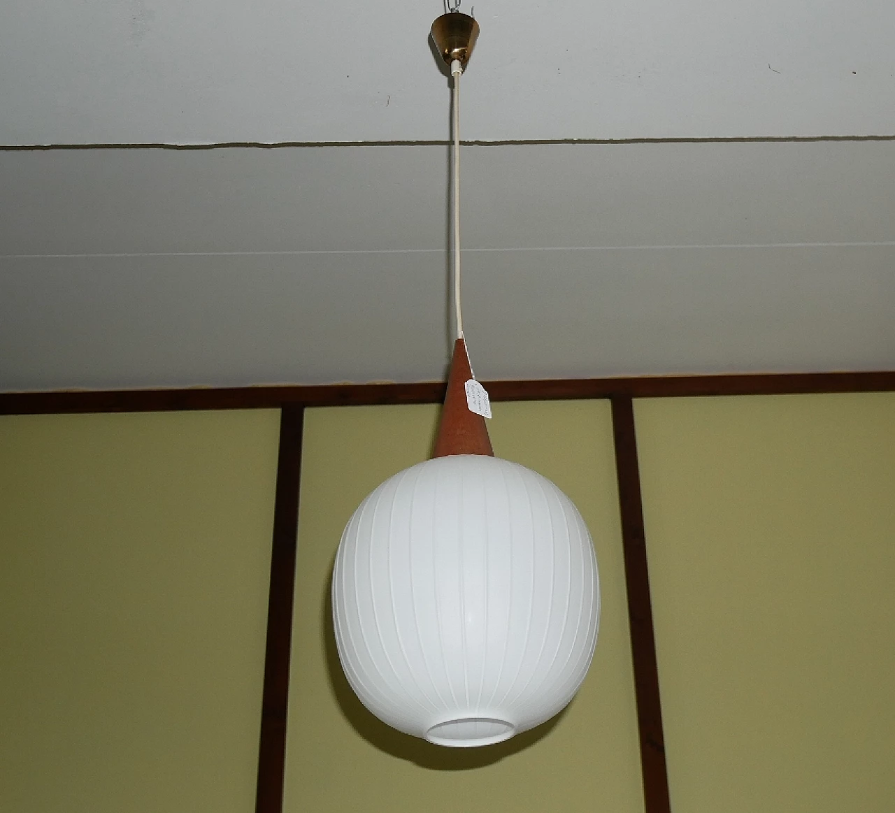 Oval milky white glass chandelier with teak conical decoration, 1960s 1