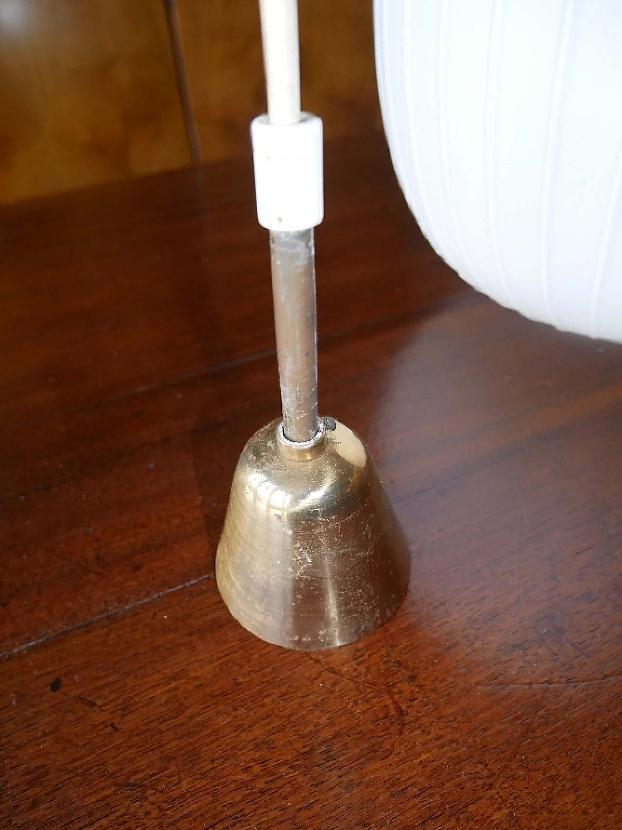 Oval milky white glass chandelier with teak conical decoration, 1960s 3