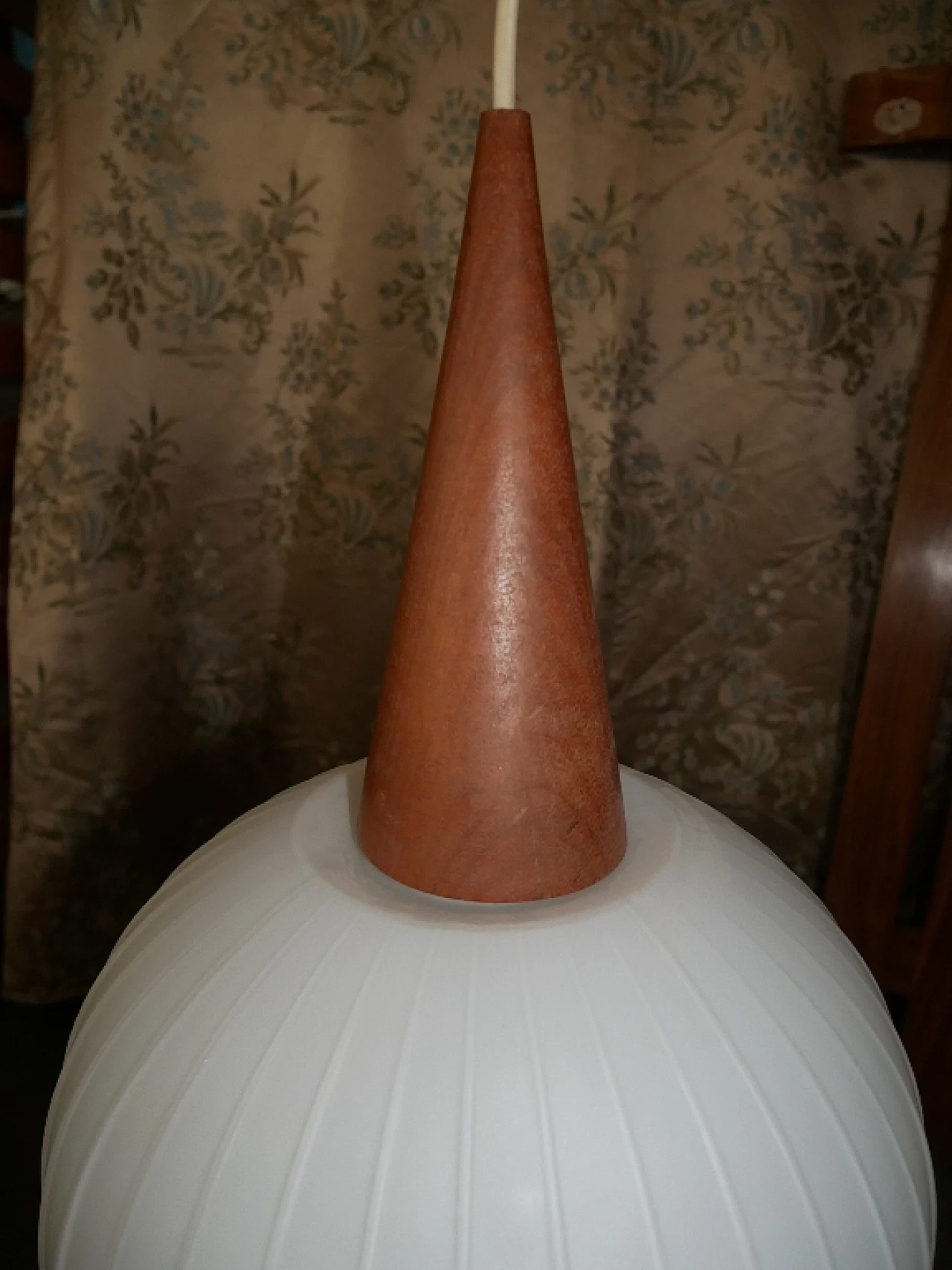 Oval milky white glass chandelier with teak conical decoration, 1960s 4