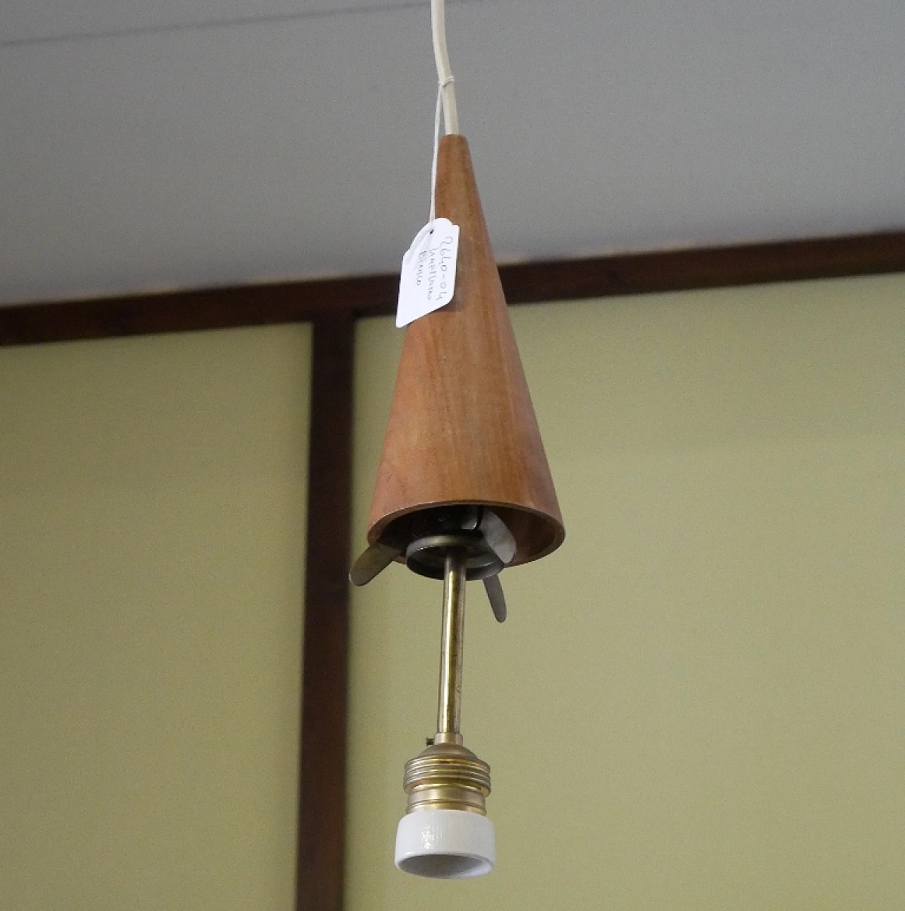 Oval milky white glass chandelier with teak conical decoration, 1960s 7
