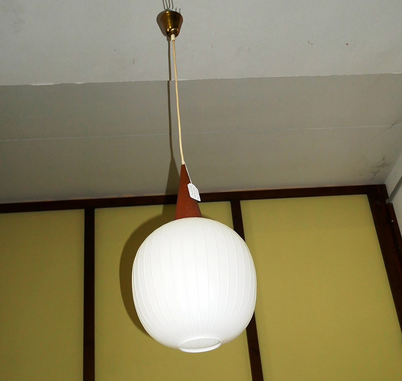 Oval milky white glass chandelier with teak conical decoration, 1960s 8