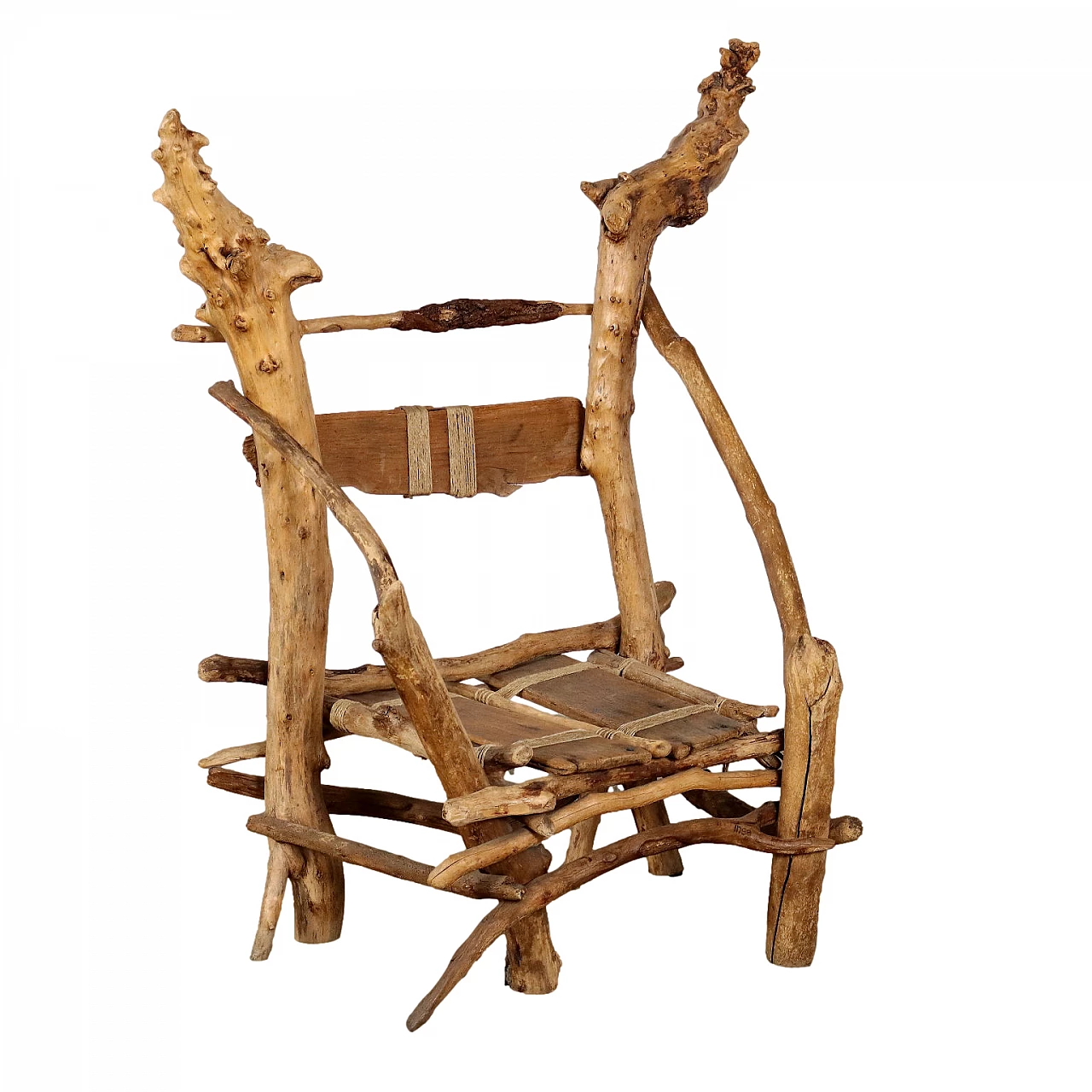 Sculptural armchair in wood, roots and rope 1