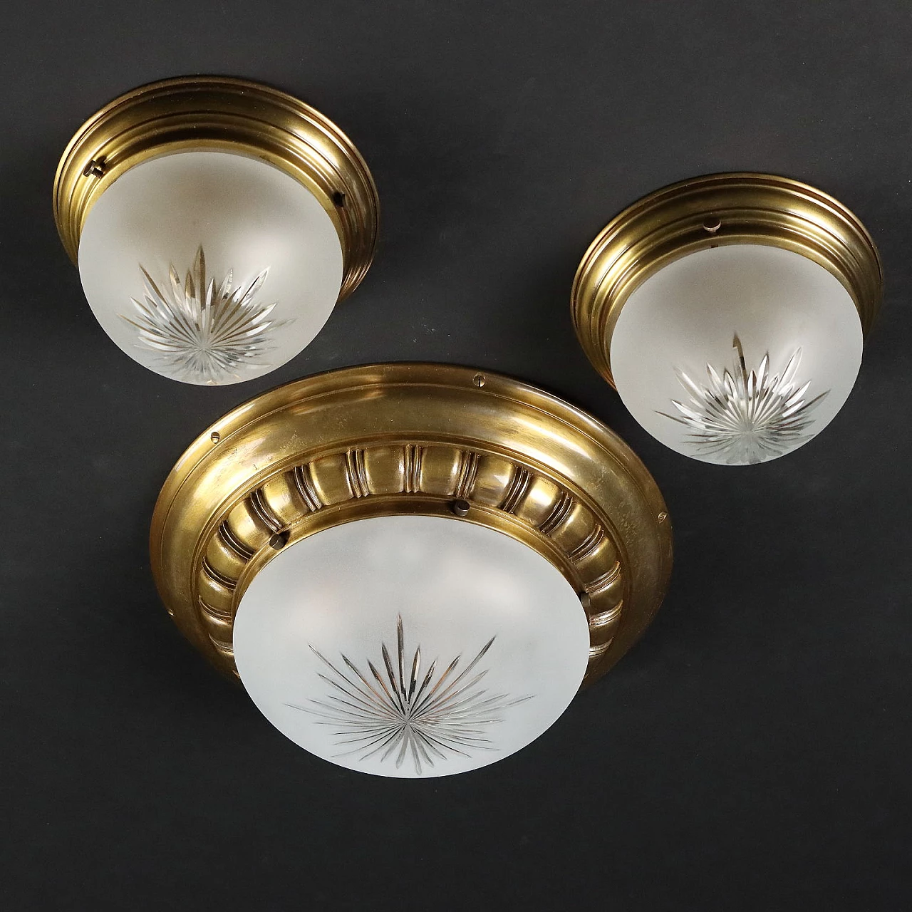 3 Ceiling lamps in brass and etched glass 1