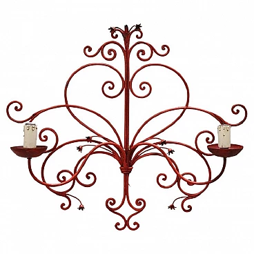 Two-light red lacquered iron wall sconce, 1930s