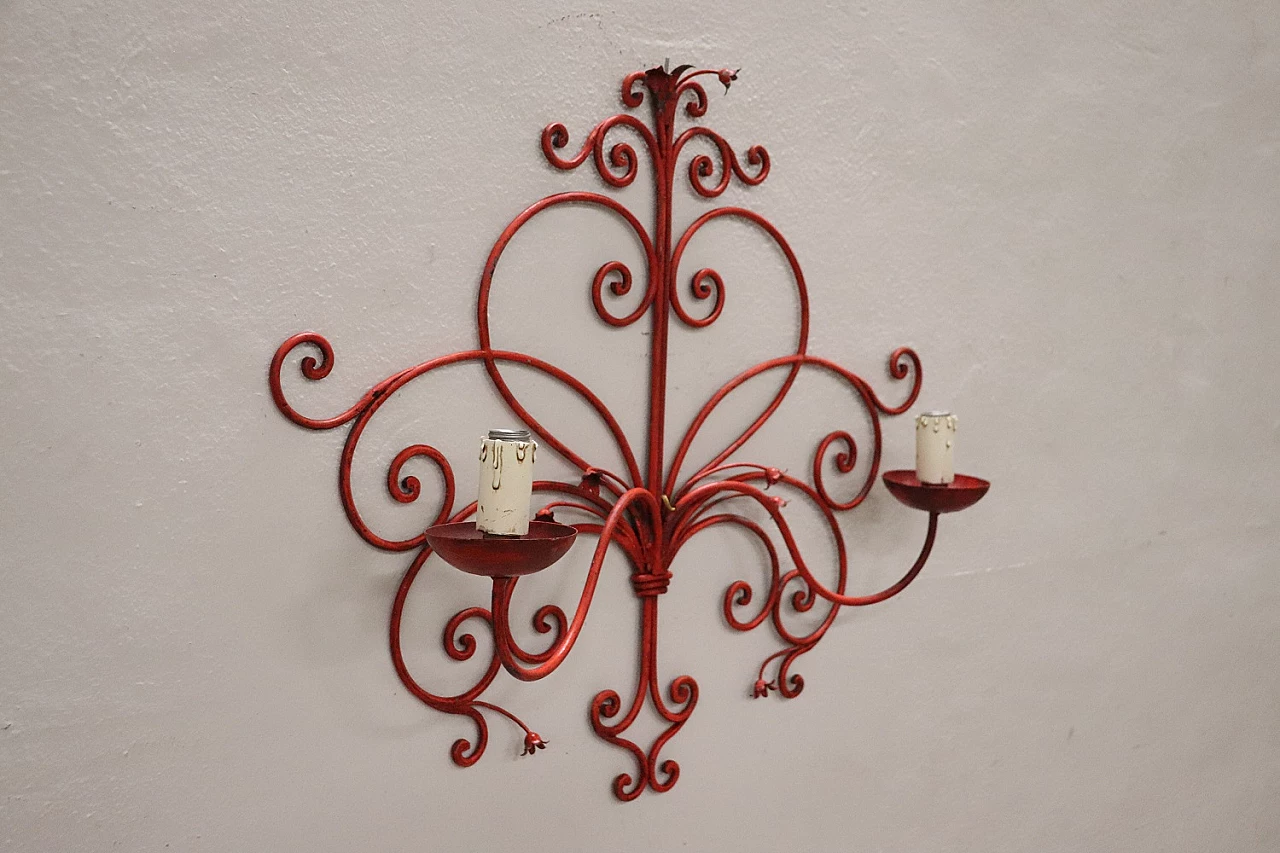 Two-light red lacquered iron wall sconce, 1930s 3
