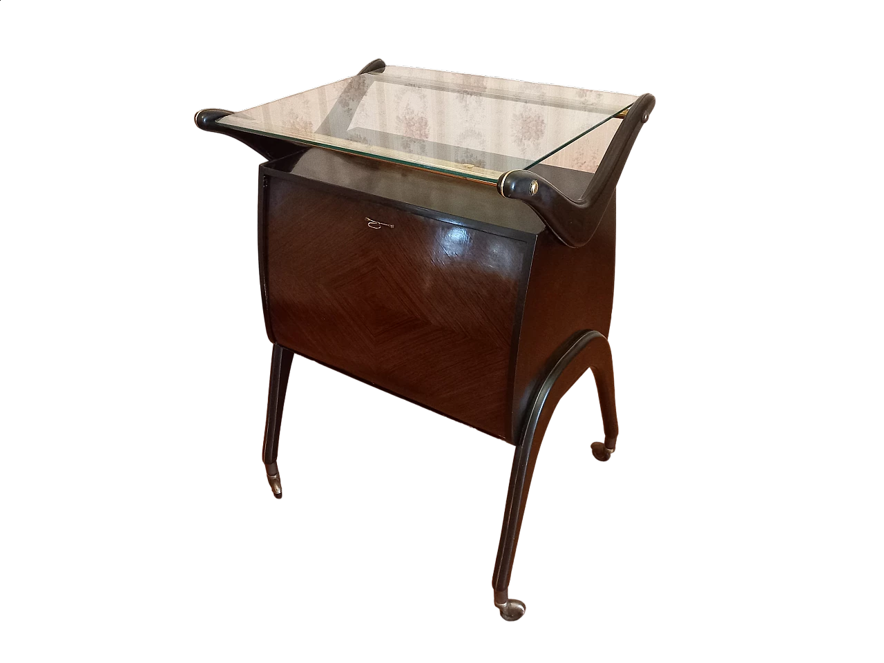 Carrello bar in legno con pianale in vetro, anni '50 5