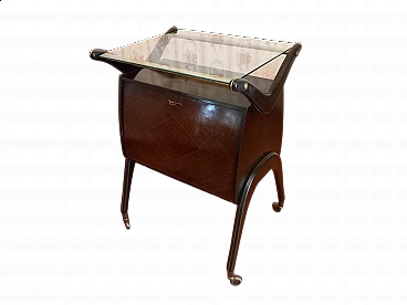 Carrello bar in legno con pianale in vetro, anni '50