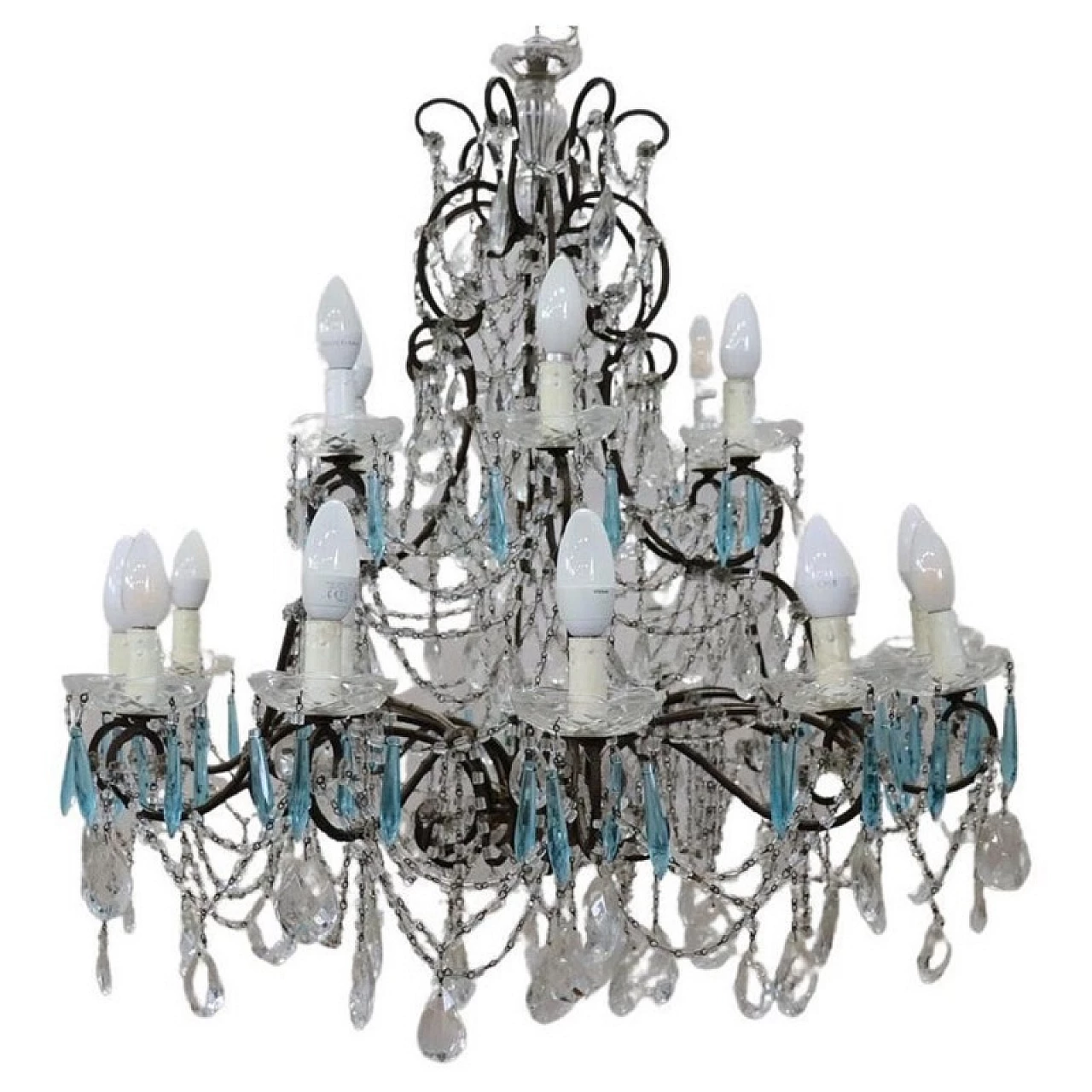 Eighteen-light crystal chandelier with bronze frame, 1920s 1