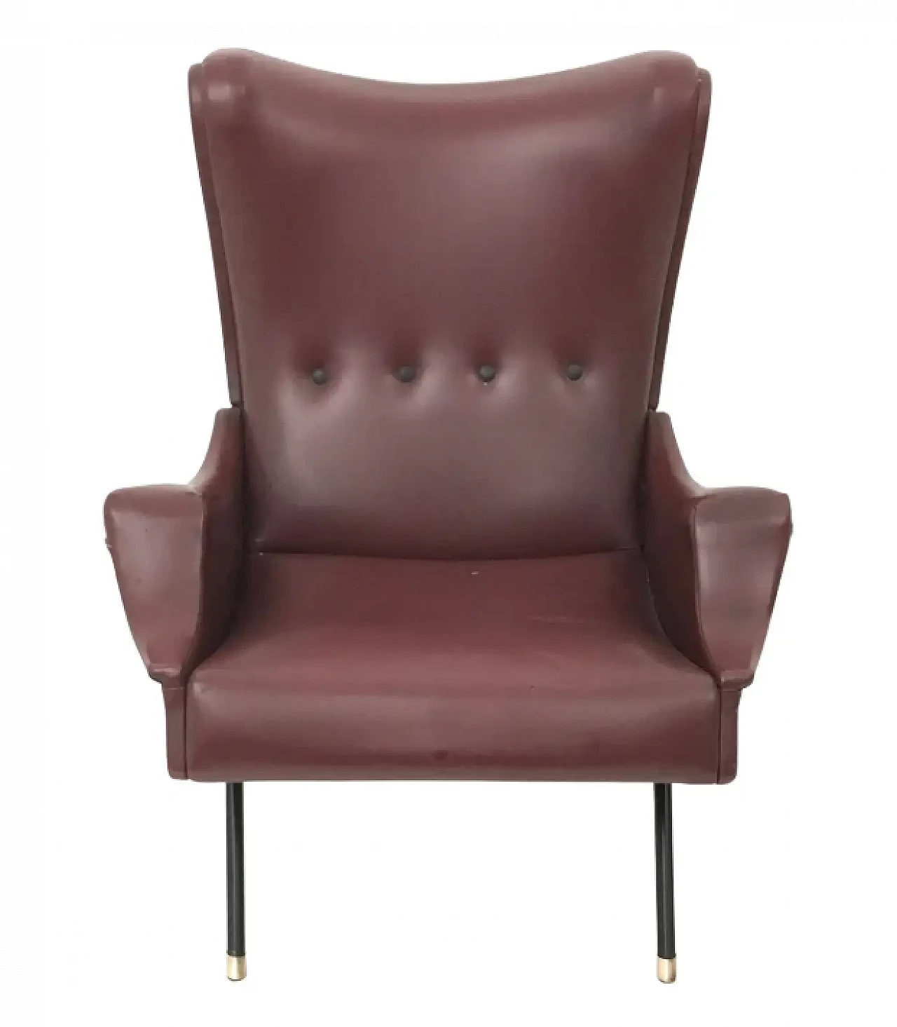 Lounge chair in burgundy skai, brass and metal, 1950s 1