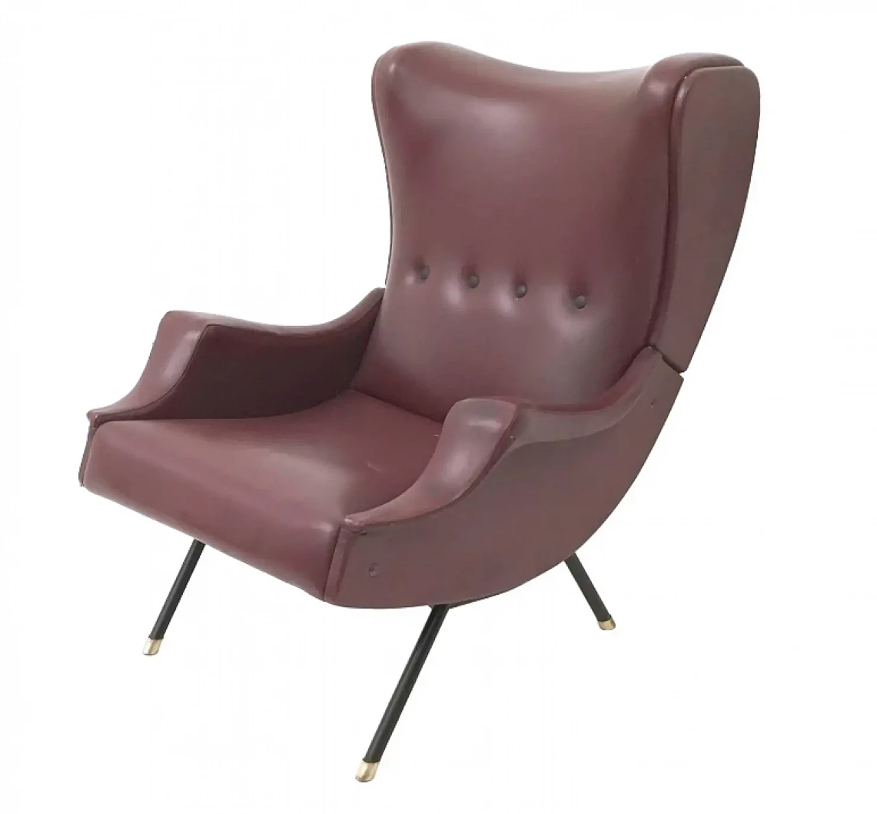 Lounge chair in burgundy skai, brass and metal, 1950s 2