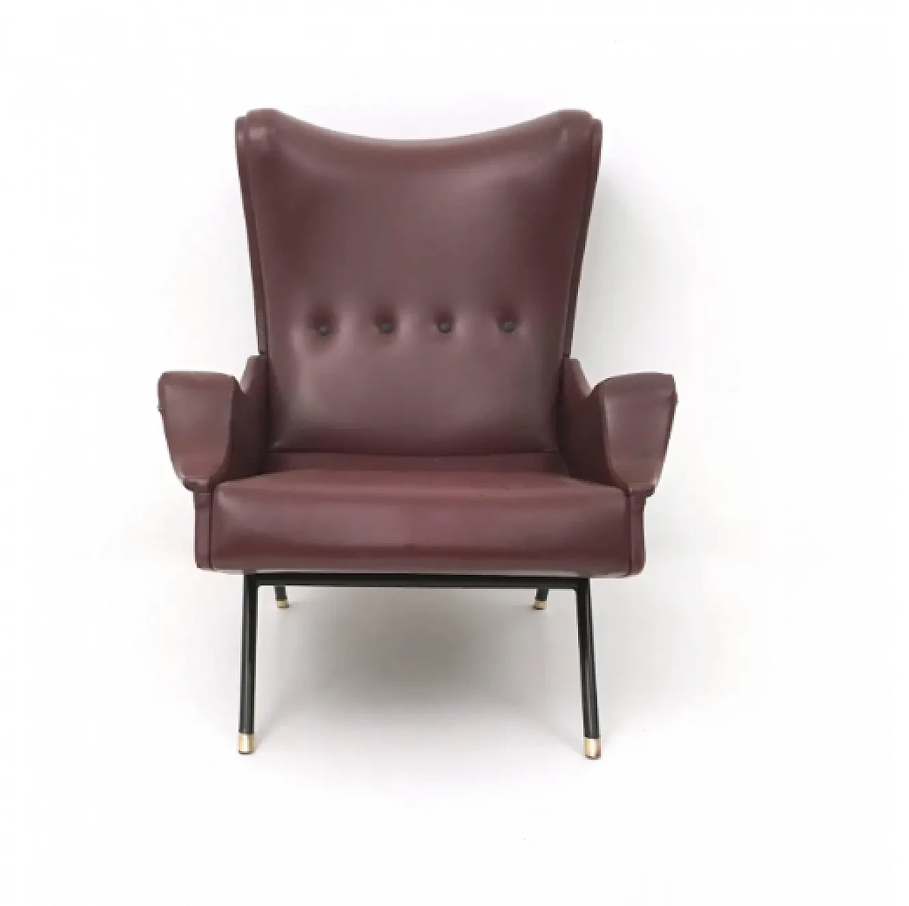 Lounge chair in burgundy skai, brass and metal, 1950s 3