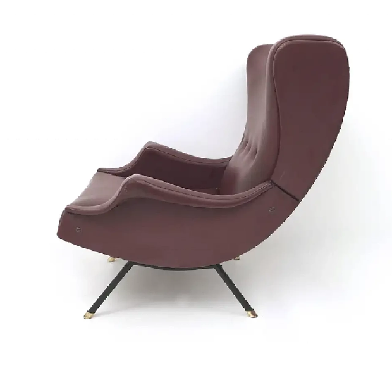 Lounge chair in burgundy skai, brass and metal, 1950s 4