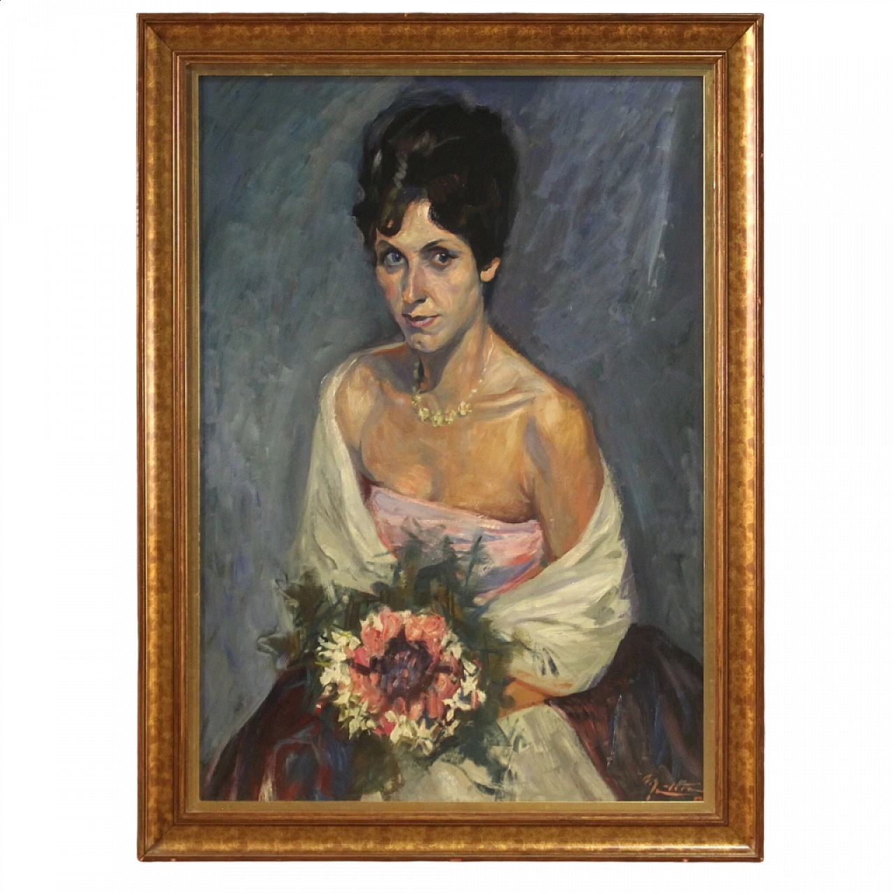 Ritratto femminile con bouquet, dipinto a tecnica mista su cartoncino 16