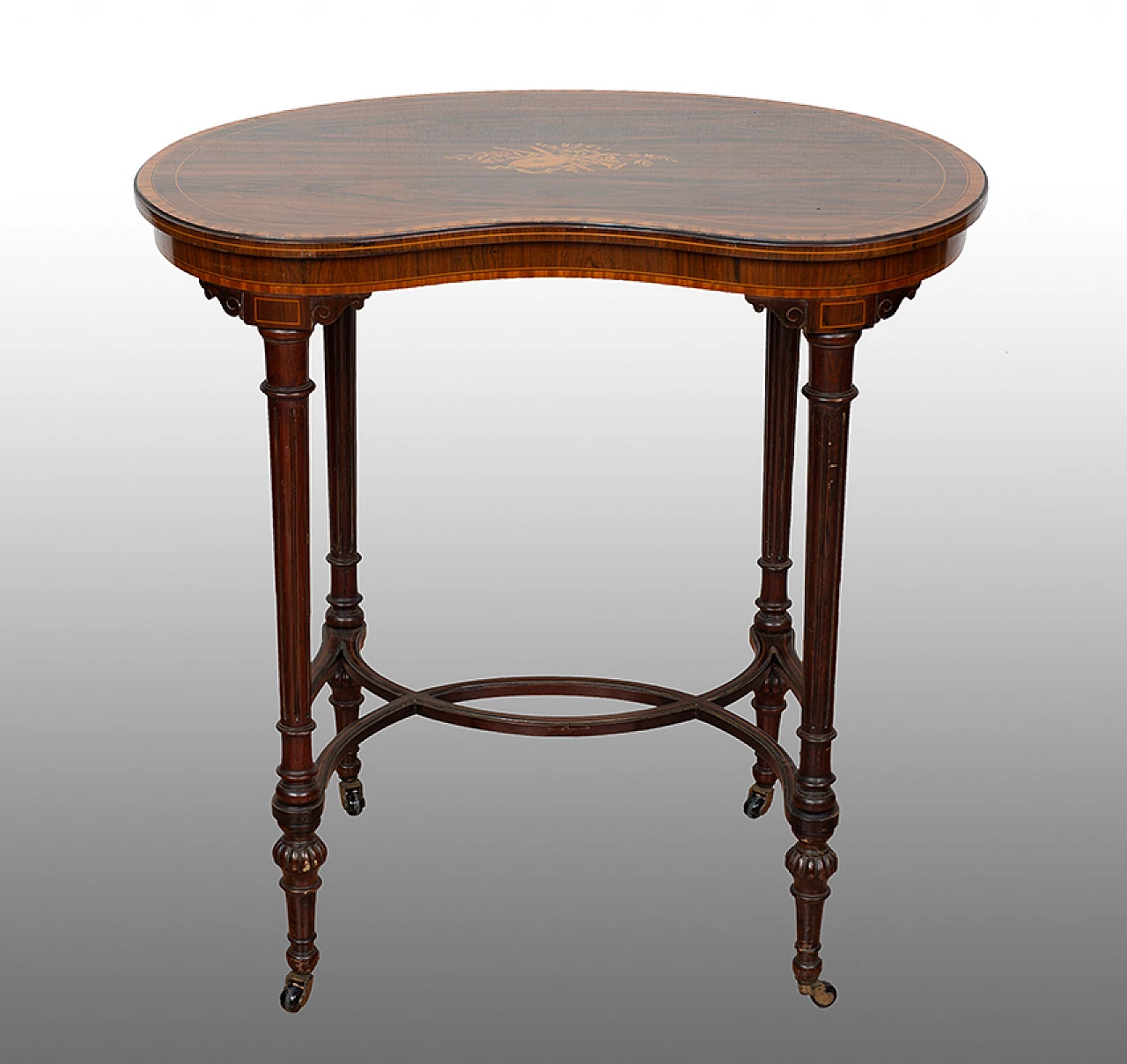 Eduardian coffee table in exotic precious woods with maple inlays, 19th century 1