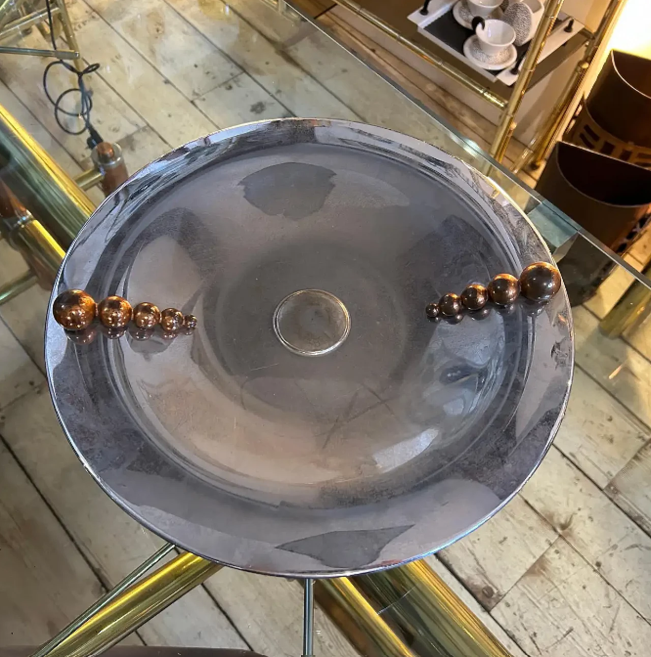 Centrotavola rotondo in vetro specchiato e metallo cromato, anni '30 10