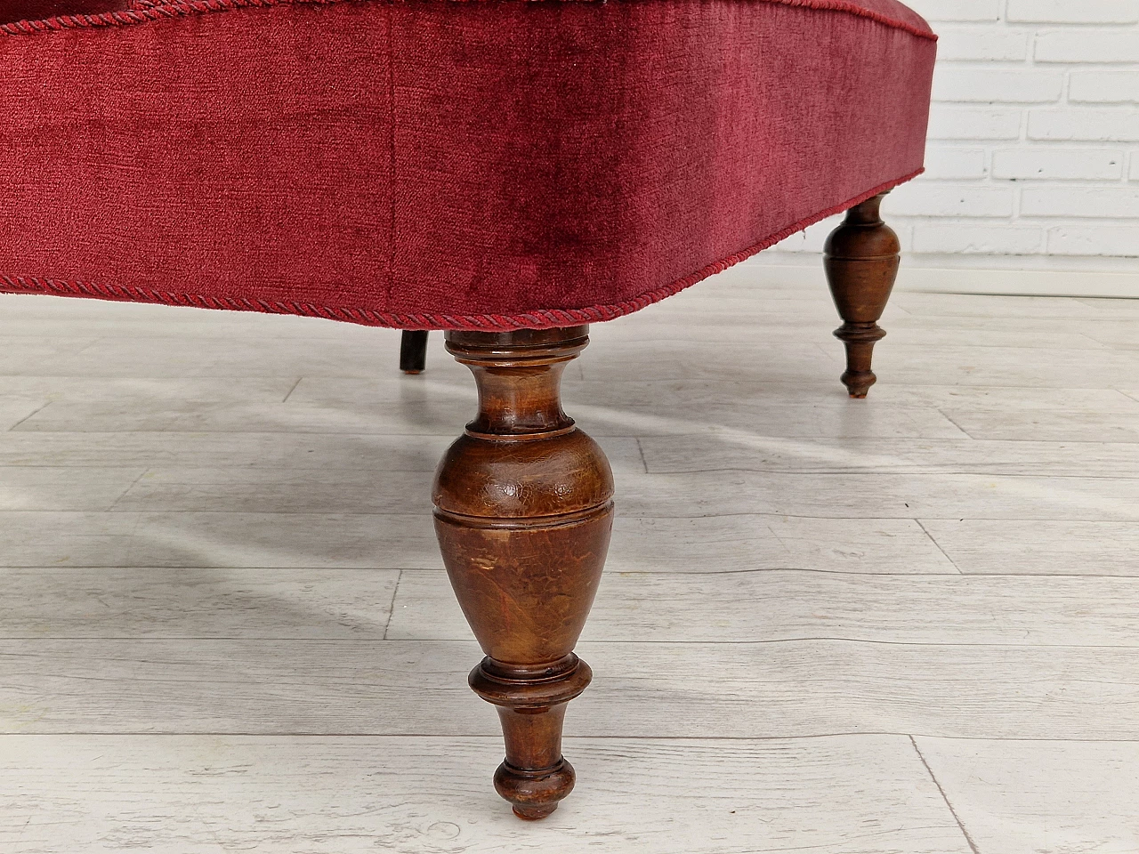 Divano danese a due posti in teak, faggio e velluto rosso, anni '50 2