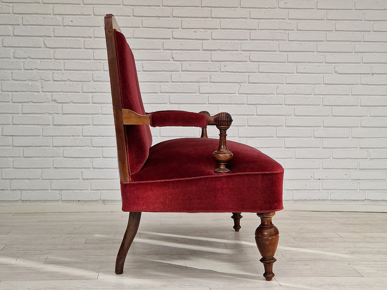 Divano danese a due posti in teak, faggio e velluto rosso, anni '50 8