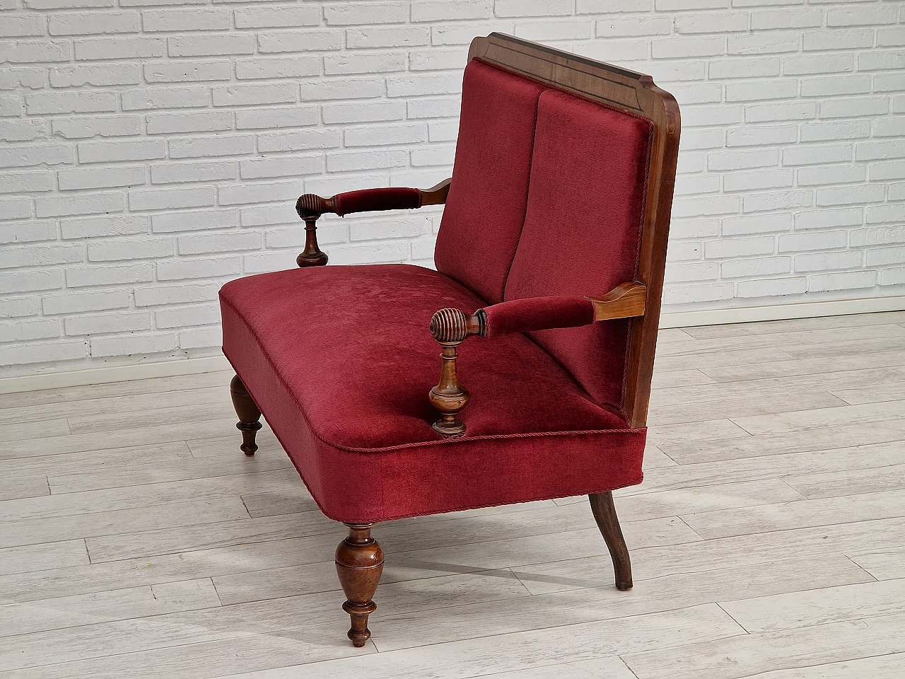 Divano danese a due posti in teak, faggio e velluto rosso, anni '50 15