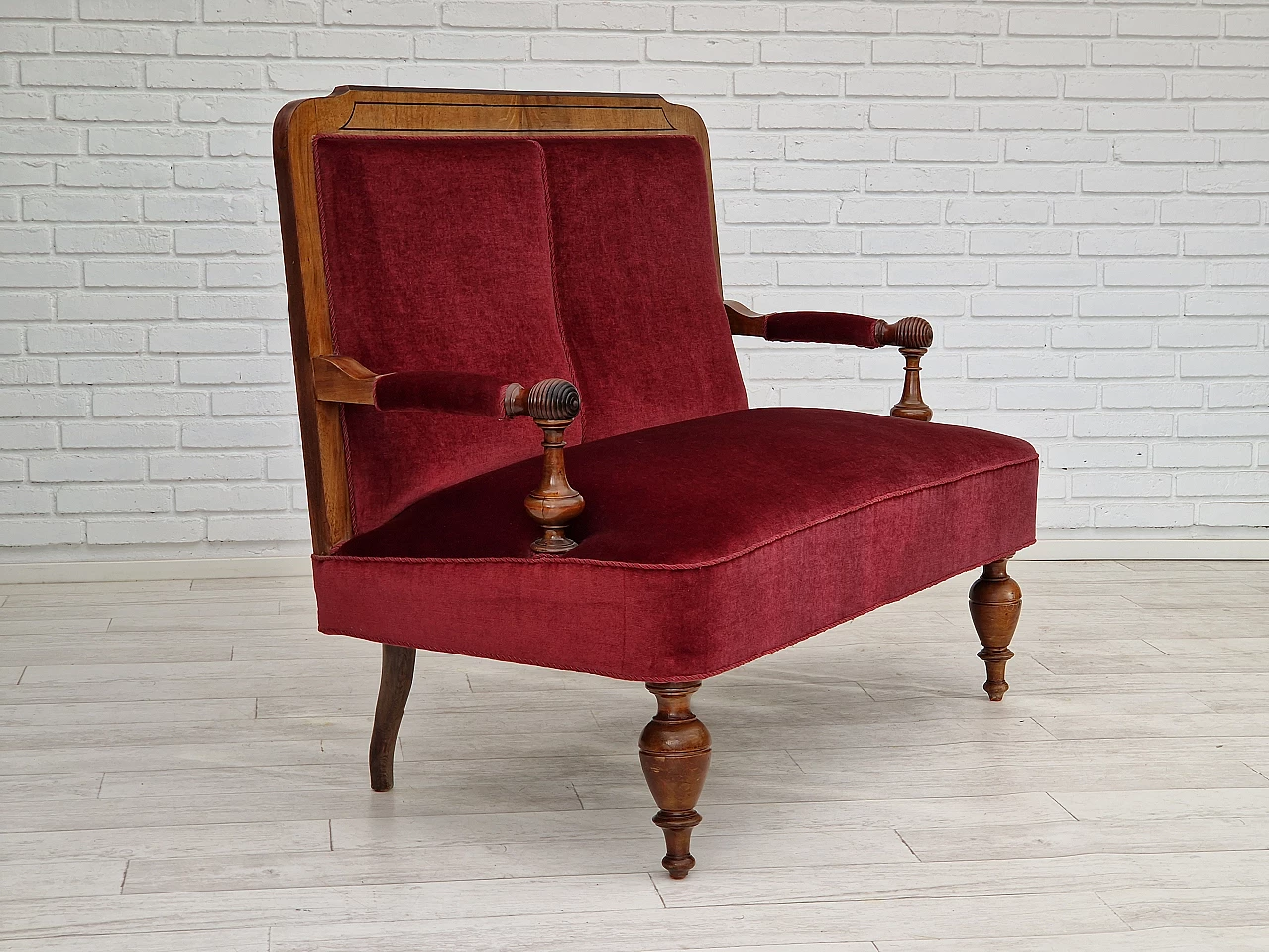 Divano danese a due posti in teak, faggio e velluto rosso, anni '50 19