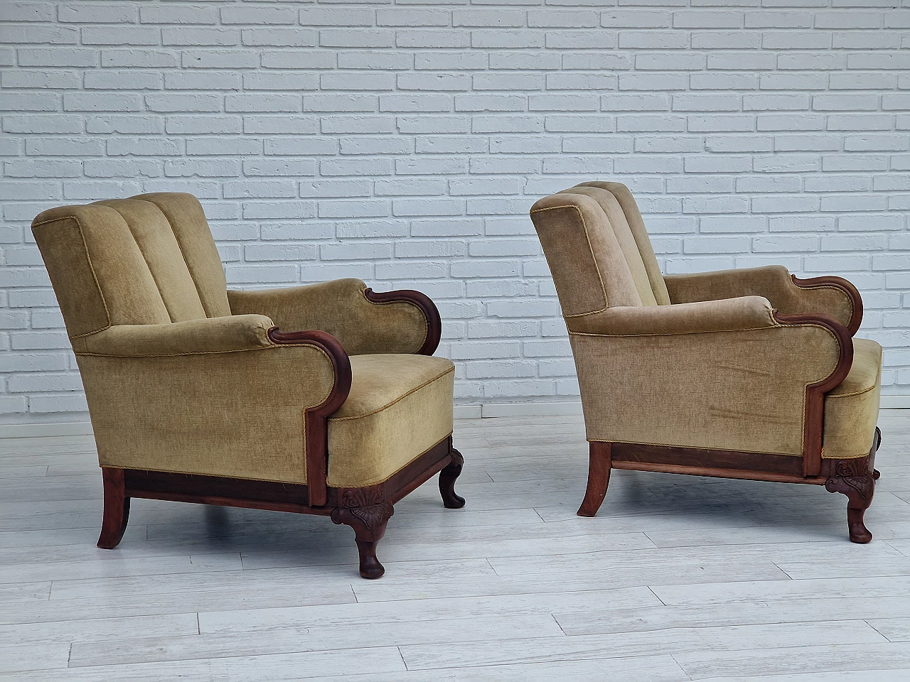 Pair of Danish teak armchairs with velvet upholstery, 1950s 1
