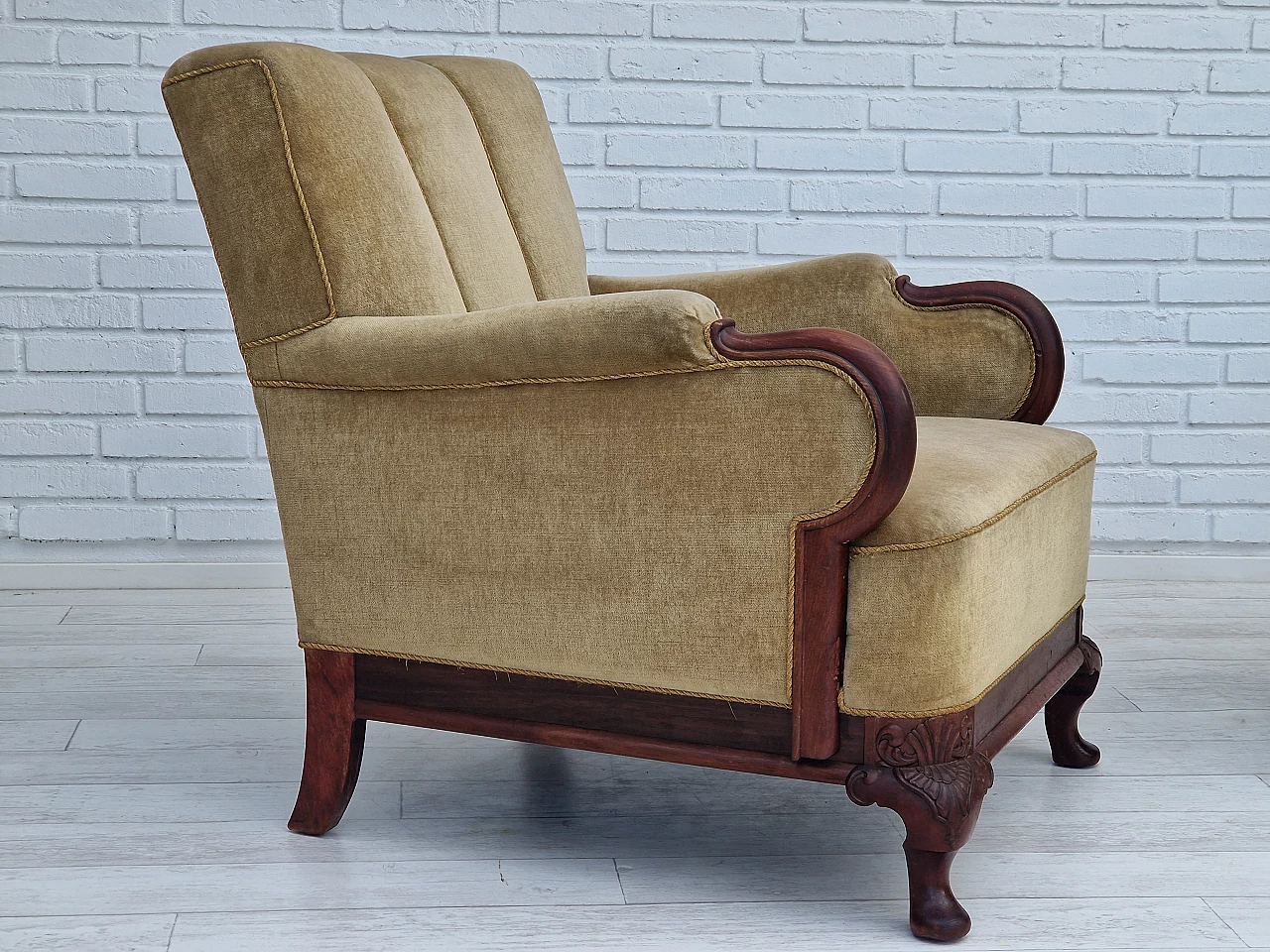 Pair of Danish teak armchairs with velvet upholstery, 1950s 2