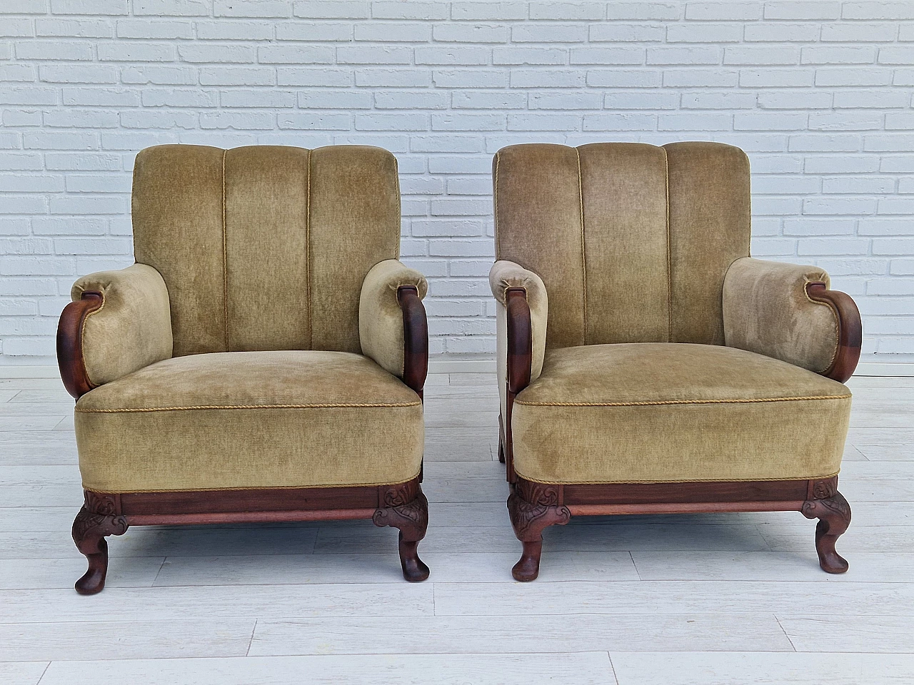 Pair of Danish teak armchairs with velvet upholstery, 1950s 6